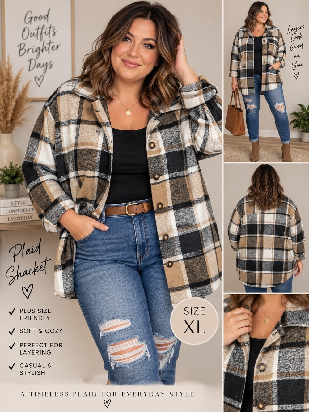 Plus Size Plaid Shacket Button-Down - Tan, Black & Cream